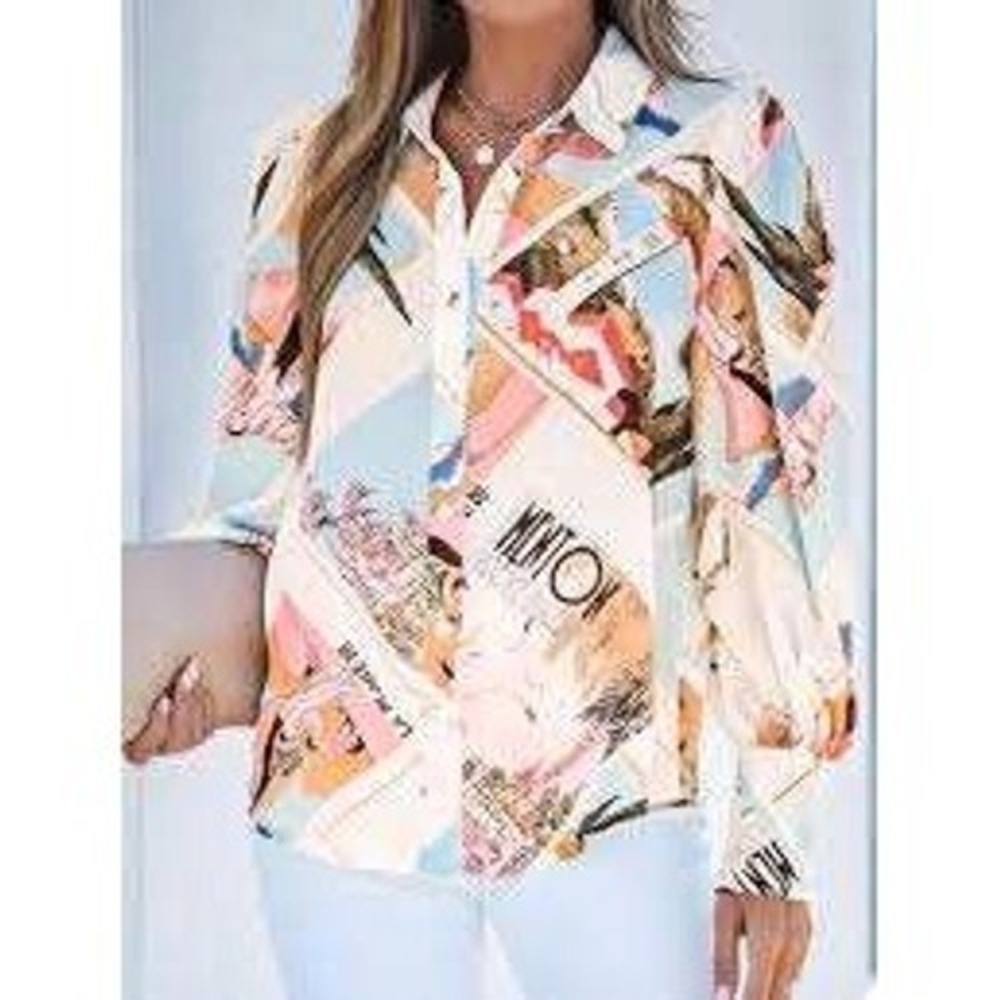 Runaway the Label Postcard Print Button Up Blouse Womens 2XL Multicolor